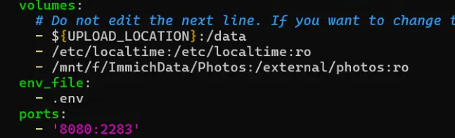 nanoエディタでdocker-compose.ymlのvolumesに外部ライブラリ用のexternal/photosを追加した画面