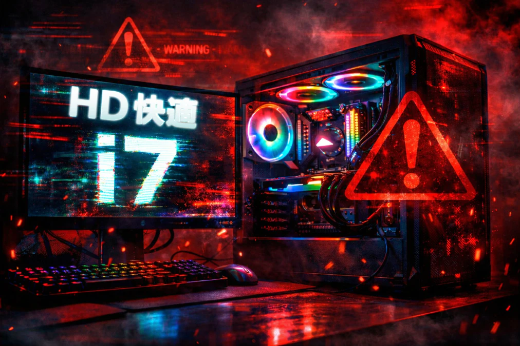 HD快適やi7表記の中古ゲーミングPCのイメージ（光るPCと警告表示）