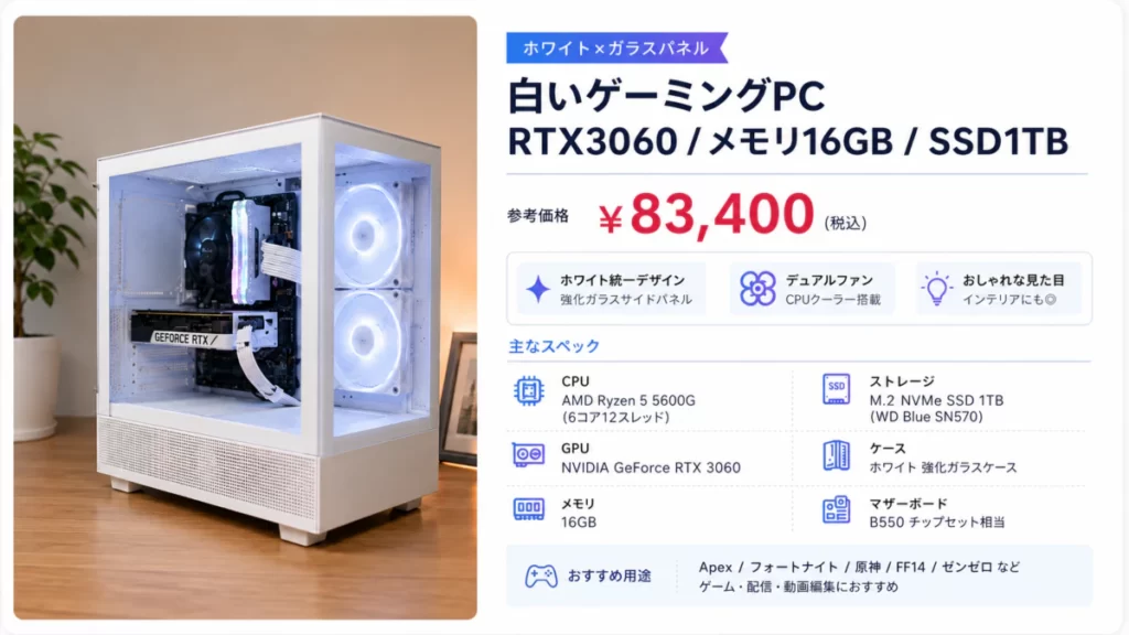 5600G+3060搭載中古ゲーミングPCの出品イメージ