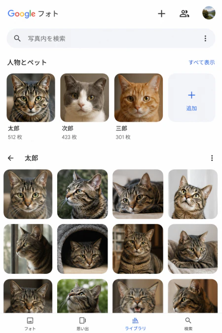 Googleフォトの顔認識機能のイメージ。猫ごとに太郎・次郎・三郎と分類されている画面