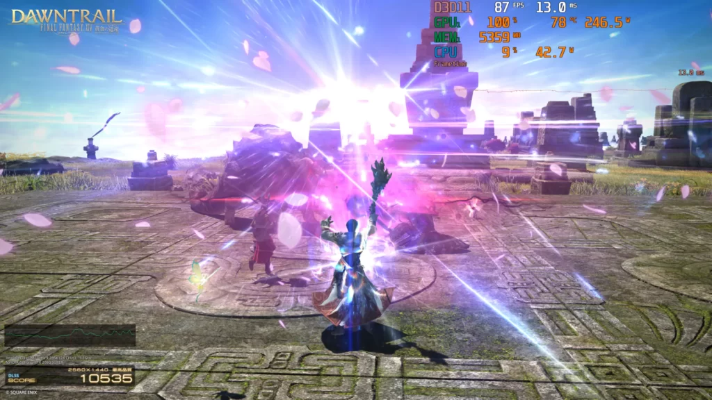 RTX2080SUPERで回したFF14ベンチをWQHD設定の戦闘シーンでFPS87出ている画像