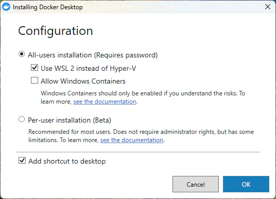 Docker DesktopインストーラーでWSL2を使用する設定を選択する画面
