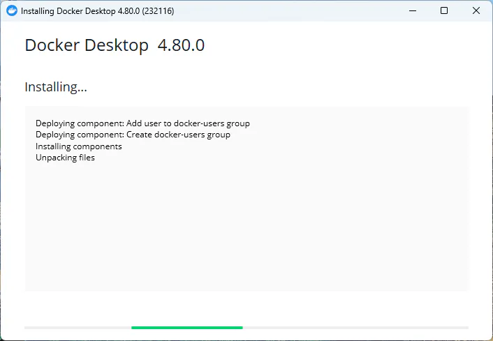 Docker Desktopインストーラーでインストールが進行している画面
