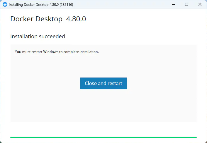 Docker Desktopのインストール完了後にWindowsの再起動を求められる画面