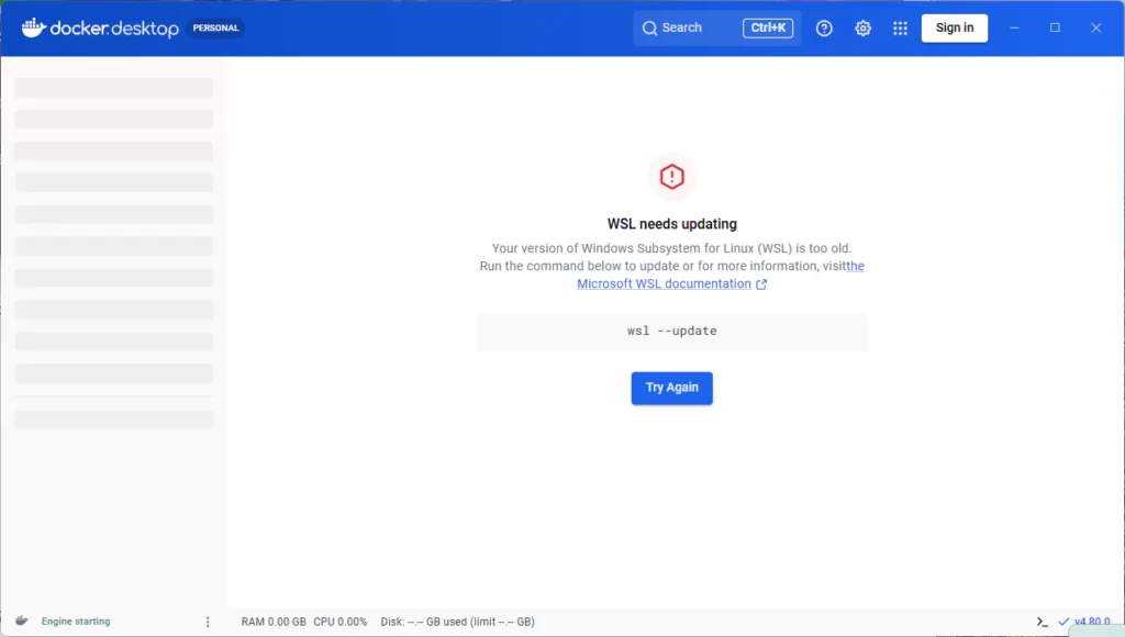 Docker Desktop初回起動時にWSLの更新を求められる画面