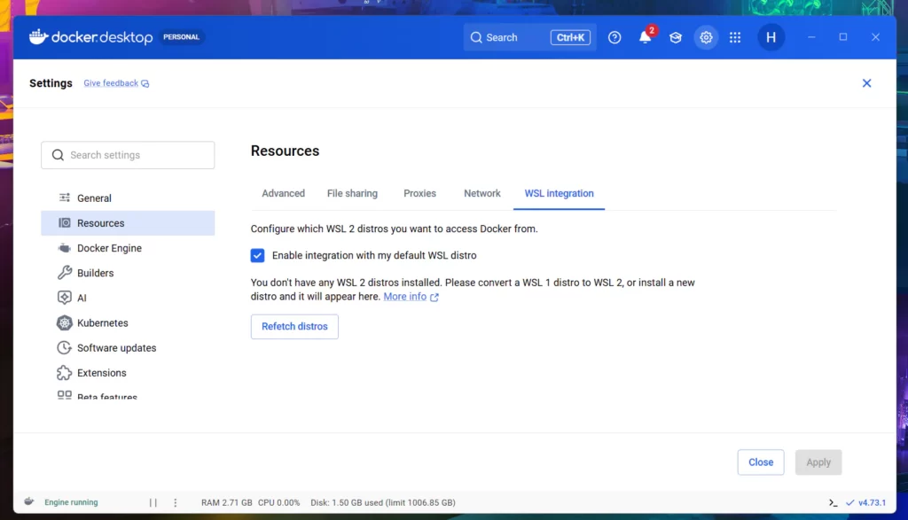 Docker DesktopのWSL Integration画面でUbuntuが表示されていない状態