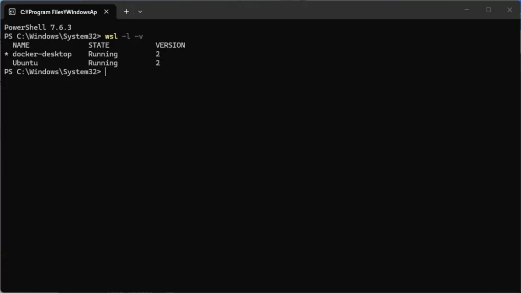 PowerShellでwsl -l -vを実行し、Ubuntuとdocker-desktopがWSL2で起動していることを確認する画面