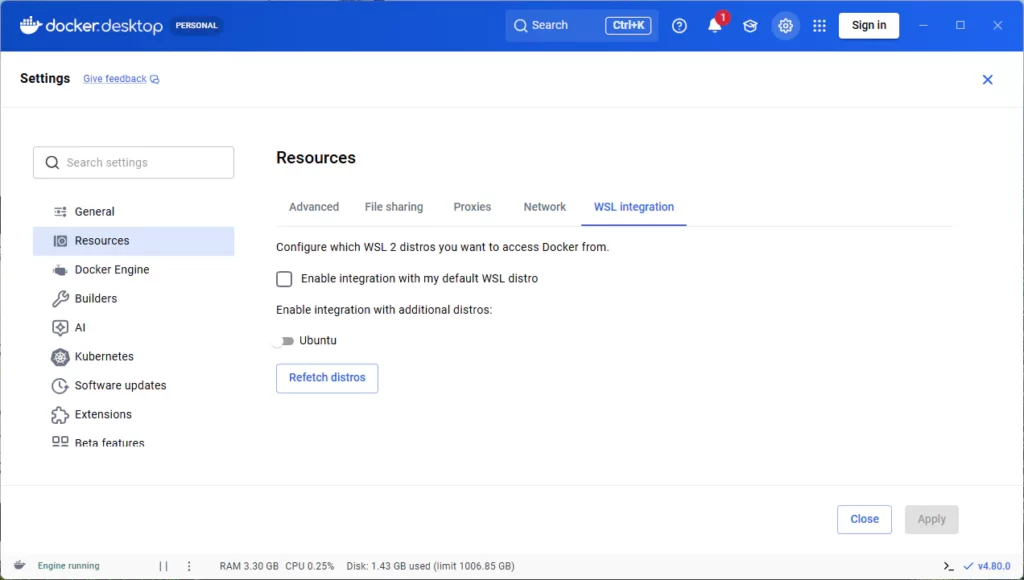 Docker Desktopの設定画面でWSL Integrationタブを開いている状態