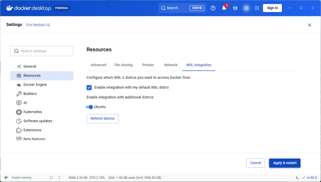 Docker DesktopのWSL IntegrationでUbuntu連携を有効にしApply and restartを押す画面