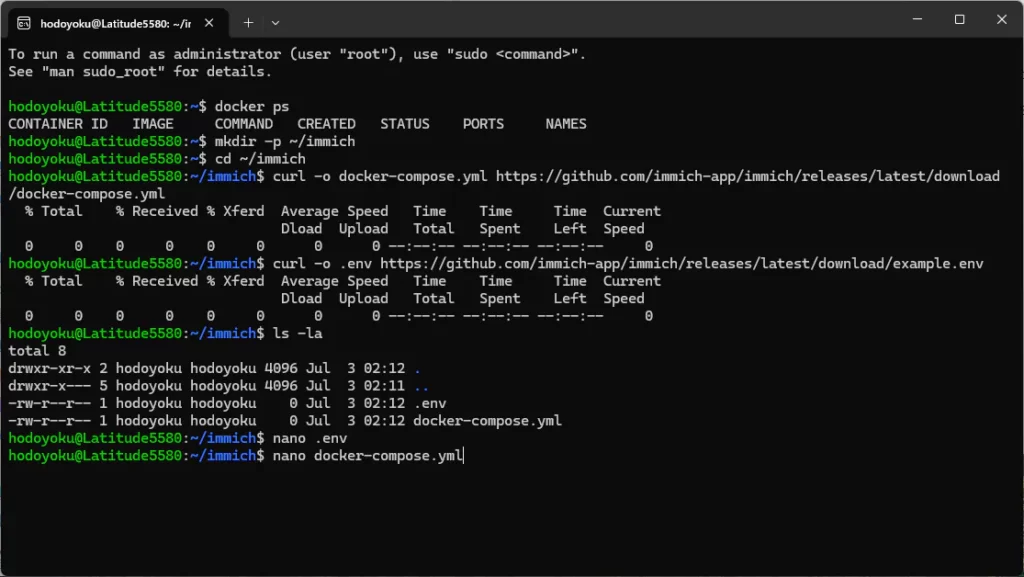 Ubuntuで nano docker-compose.yml を実行し、Immichのdocker-compose.ymlを編集しようとしている画面