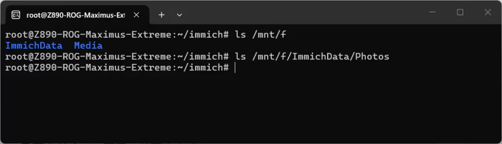 Ubuntuから /mnt/f を確認し、Fドライブ上の ImmichData フォルダが見えていることを確認します。Photosフォルダは空でも、エラーが出なければOKです。