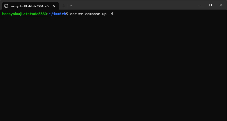 Ubuntuで docker compose up -d を実行してImmichを起動しようとしている画面