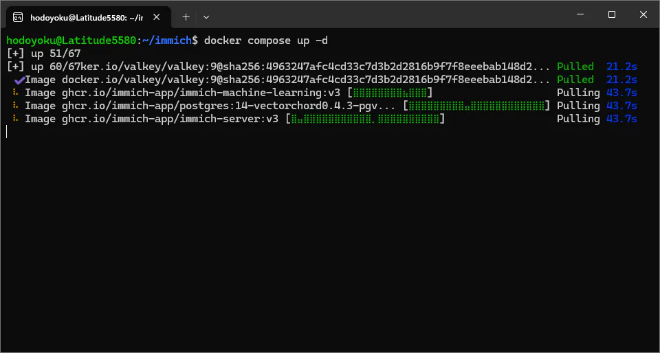 docker compose up -d 実行後にImmich関連のDockerイメージをダウンロードしている画面