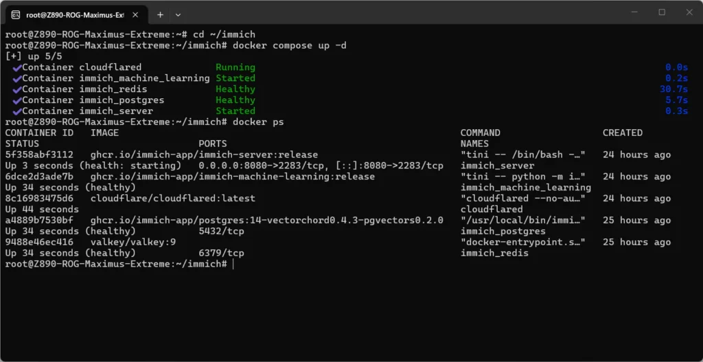 Ubuntuでdocker psを実行し、Immich関連コンテナが起動していることを確認している画面