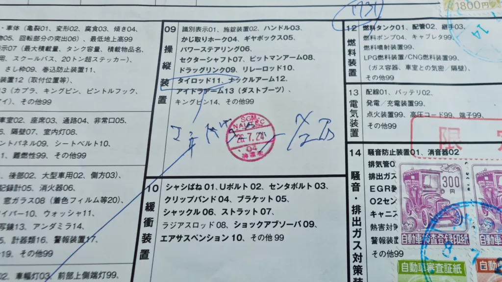 検査票に記録されたタイロッドエンドブーツの不適合箇所