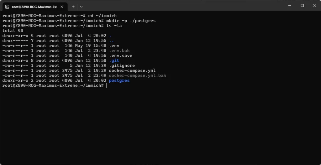 UbuntuでImmich用フォルダに移動し、mkdir -p ./postgresでDB保存先フォルダを作成している画面