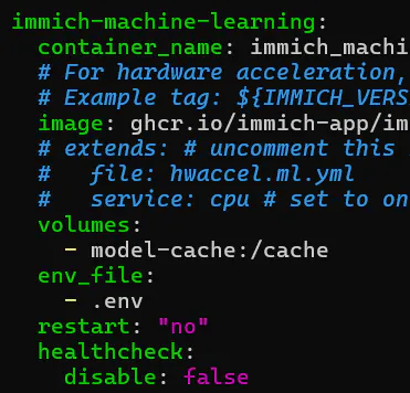 Immichのdocker-compose.ymlでmachine-learningコンテナのrestart設定をnoに変更している画面