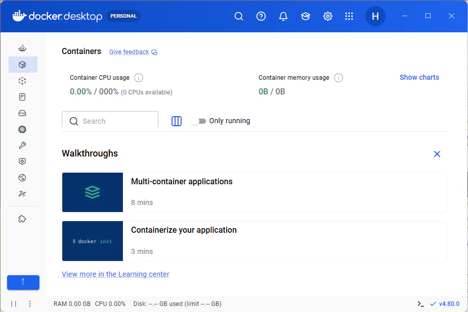 Docker DesktopでContainers画面が表示されDocker Engineが起動している状態