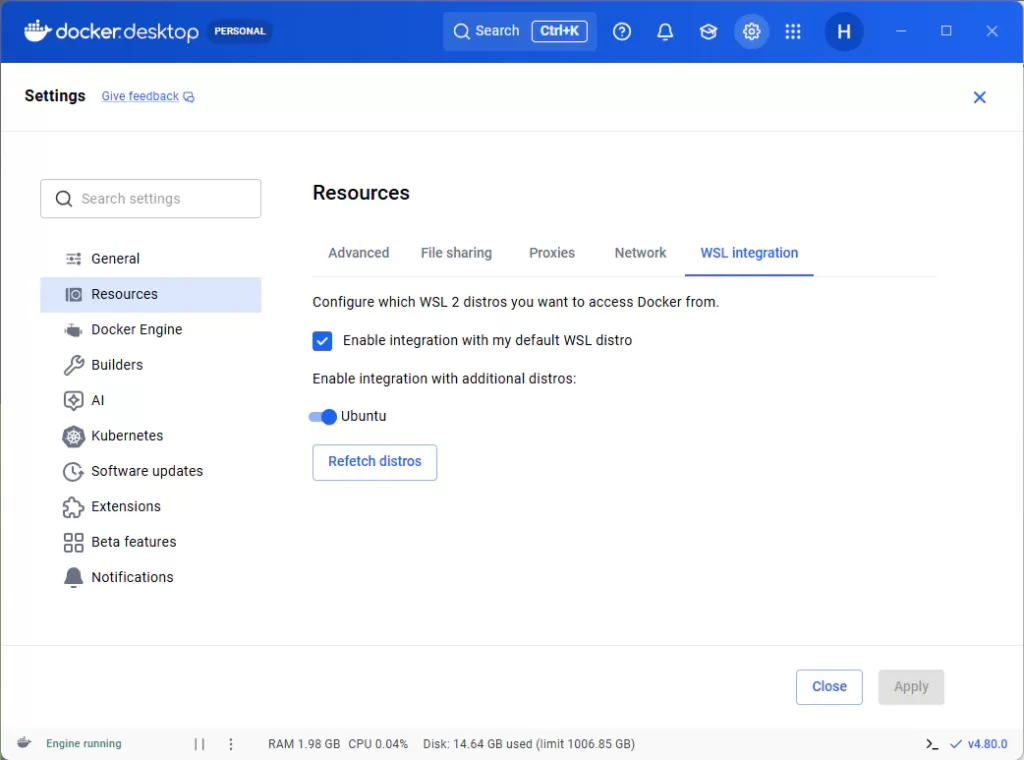 Docker DesktopのWSL Integration画面でUbuntu連携が有効になっている状態