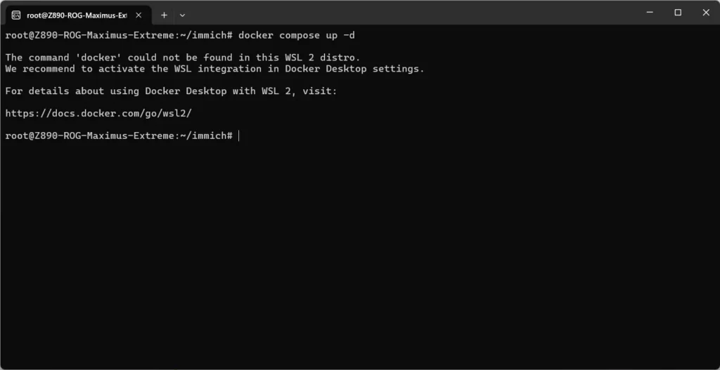 Ubuntuでdocker compose up -dを実行したときにdockerコマンドが見つからないエラーが表示された画面