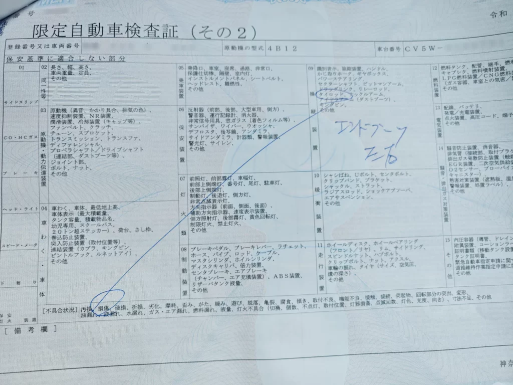 タイロッドエンドブーツの不具合が記載された限定自動車検査証その2